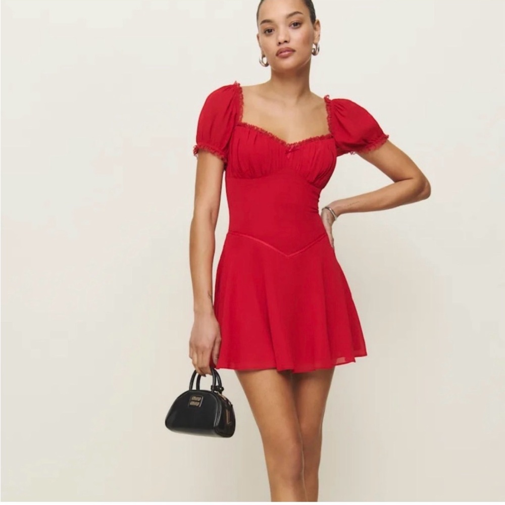 Reformation Red Puff Sleeve Dress